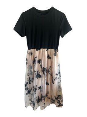 Short Sleeve Black & Cream Butterfly Tulle Dress